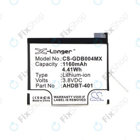 Baterija za GoPro Hero 4, 1160mAh, Li-Ion, 3.8V, AHDBT-401, HQ