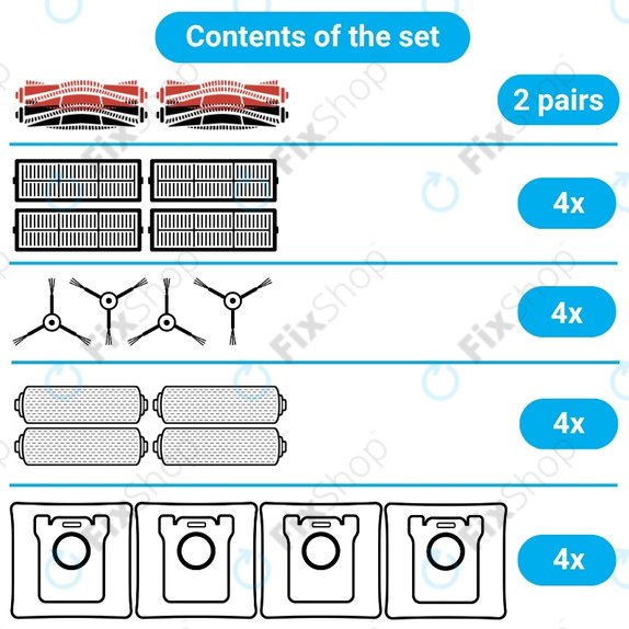 Set rezervnih dijelova za Mova Z60 Ultra Roller (2 para glavnih četki, 4x Filter, 4x Bočna četka, 4x Krpa za brisanje, 4x Vrećica za prašinu)