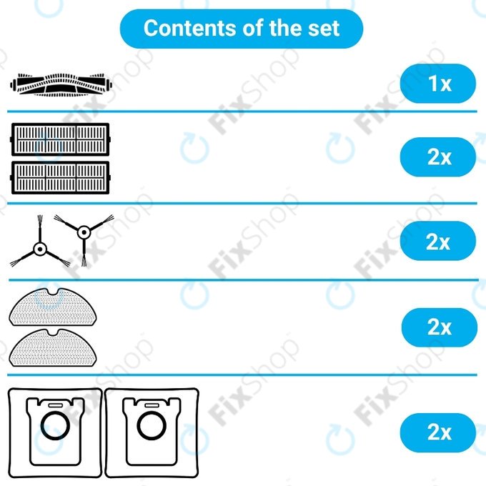 Set rezervnih dijelova za Xiaomi Roborock Q7+, Q7 Max, Q7 Max+ (1x Glavna četka, 2x Filter, 2x Bočna četka – bijela, 2x Krpa za brisanje, 2x Vrećica za prašinu)