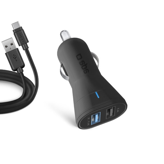 SBS - Auto punjač 2x USB + kabel USB / USB-C, crni