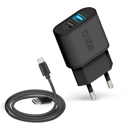 SBS - 10W adapter za punjenje 2x USB + kabel USB / USB-C, crni