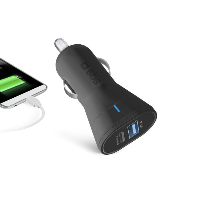 SBS - Auto punjač USB, USB-C, 2.1A, 3A, crni