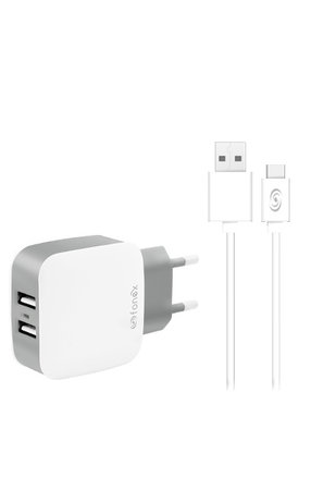 Fonex - Polnilni adapter 2x USB + kabel USB / USB-C, 10W, bel