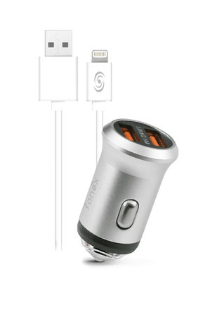 Fonex - Auto punjač 2x USB + USB / Lightning kabel, 10W, srebrni