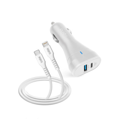 SBS - Auto punjač USB, USB-C + kabel USB-C / Lightning, bijeli