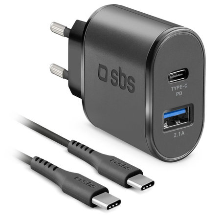 SBS - 18W adapter za punjenje USB, USB-C + kabel USB-C / USB-C, crni