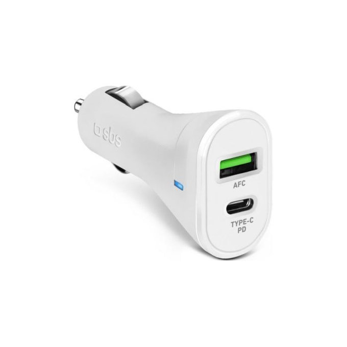 SBS - Auto punjač USB-C PowerDelivery 20W, USB 18W, bijeli