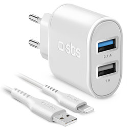 SBS - 10W adapter za punjenje 2x USB + kabel USB / Lightning, bijeli
