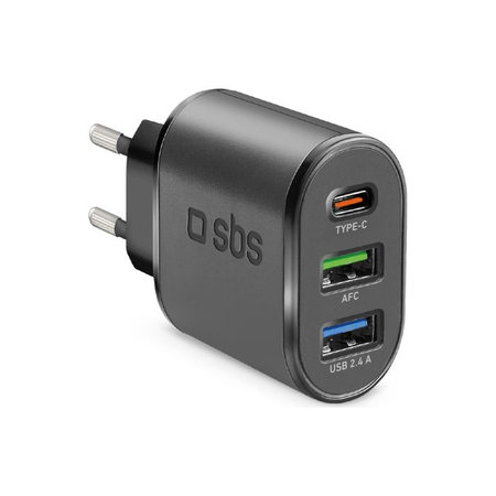 SBS - 30W polnilni adapter 2x USB, USB-C PowerDelivery, črn