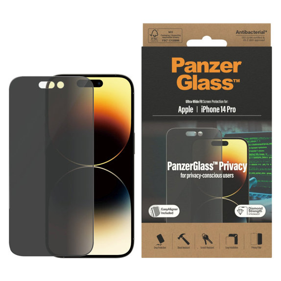 Kaljeno staklo UWF Privacy AB s aplikatorom za iPhone 14 Pro, Crna, PanzerGlass