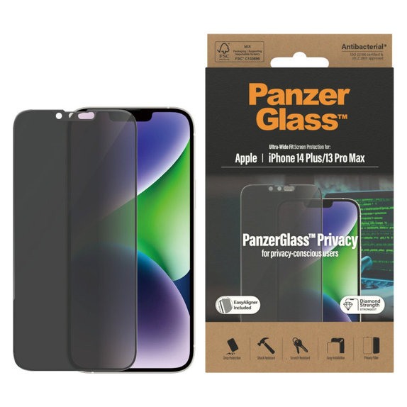 Kaljeno staklo UWF Privacy AB s aplikatorom za iPhone 14 Plus/13 Pro Max, Crna, PanzerGlass