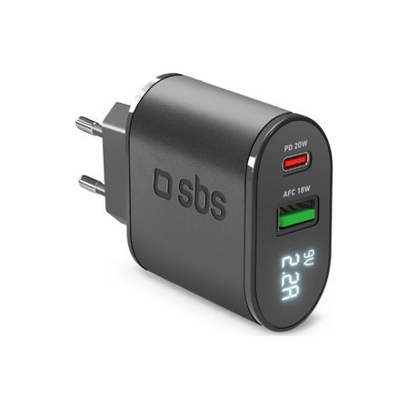 SBS - Adapter za punjenje od 20 W s LCD USB-om, USB-C, PowerDelivery, crni