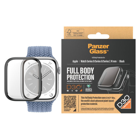 Kaljeno staklo Full Body D3O za Apple Watch 9/8/7 41 mm, Crna, PanzerGlass
