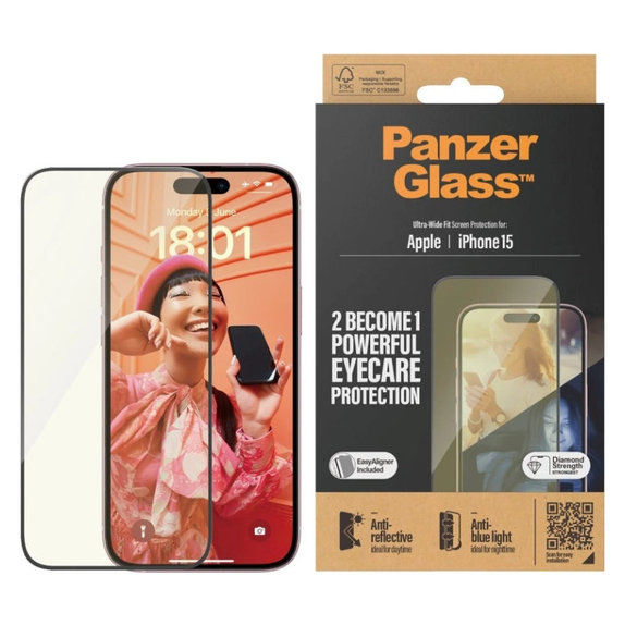 Kaljeno staklo UWF Eyecare s aplikatorom za iPhone 15, Crna, PanzerGlass
