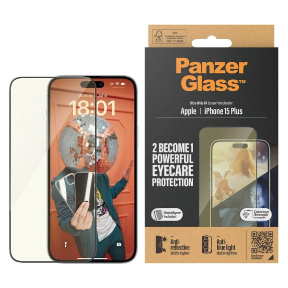 Kaljeno staklo UWF Eyecare s aplikatorom za iPhone 15 Plus, Crna, PanzerGlass