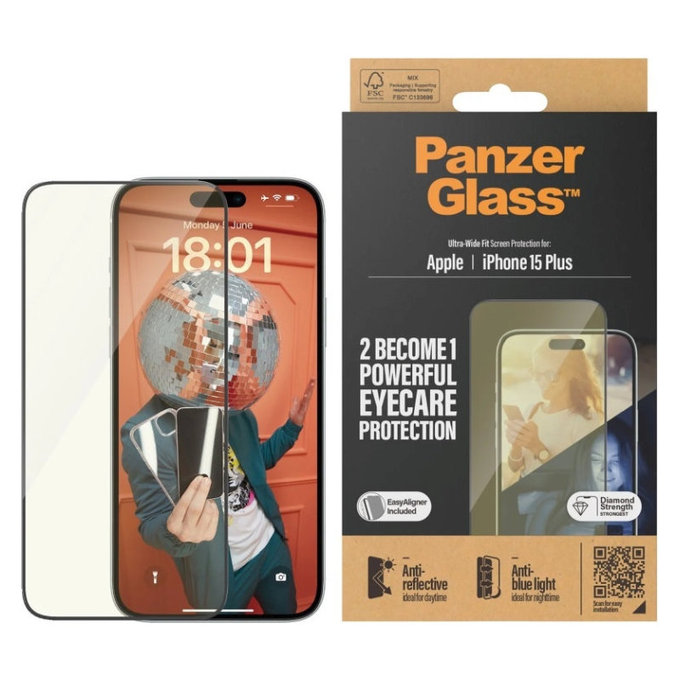 Kaljeno staklo UWF Eyecare s aplikatorom za iPhone 15 Plus, Crna, PanzerGlass