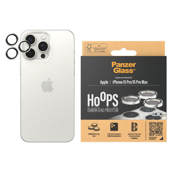 Zaštita objektiva kamere Hoops za iPhone 15 Pro/15 Pro Max, White Metal, PanzerGlass