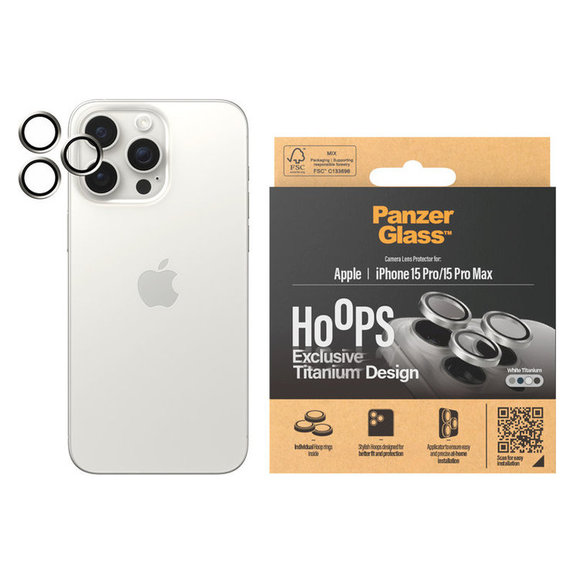 Zaštita objektiva kamere Hoops za iPhone 15 Pro/15 Pro Max, White Titanium, PanzerGlass