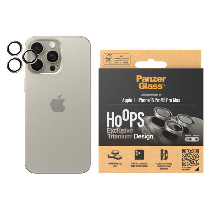 Zaštita objektiva kamere Hoops za iPhone 15 Pro/15 Pro Max, Natural Titanium, PanzerGlass