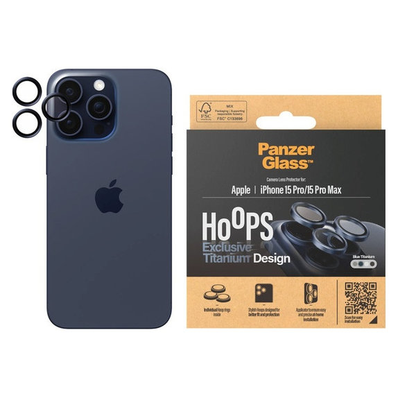 Zaštita objektiva kamere Hoops za iPhone 15 Pro/15 Pro Max, Blue Titanium, PanzerGlass