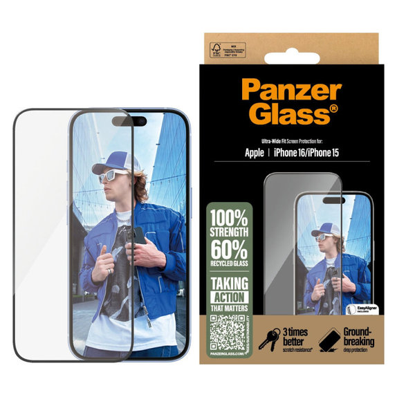 UWF kaljeno staklo s aplikatorom za iPhone 16/15, Crna, PanzerGlass