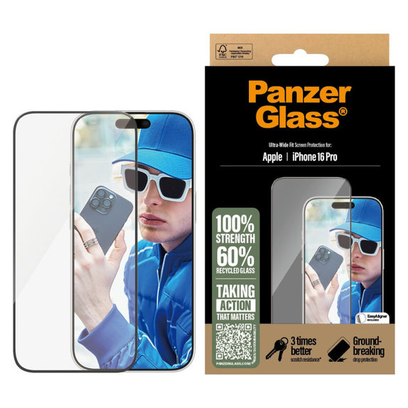 Kaljeno staklo UWF s aplikatorom za iPhone 16 Pro, Crna, PanzerGlass