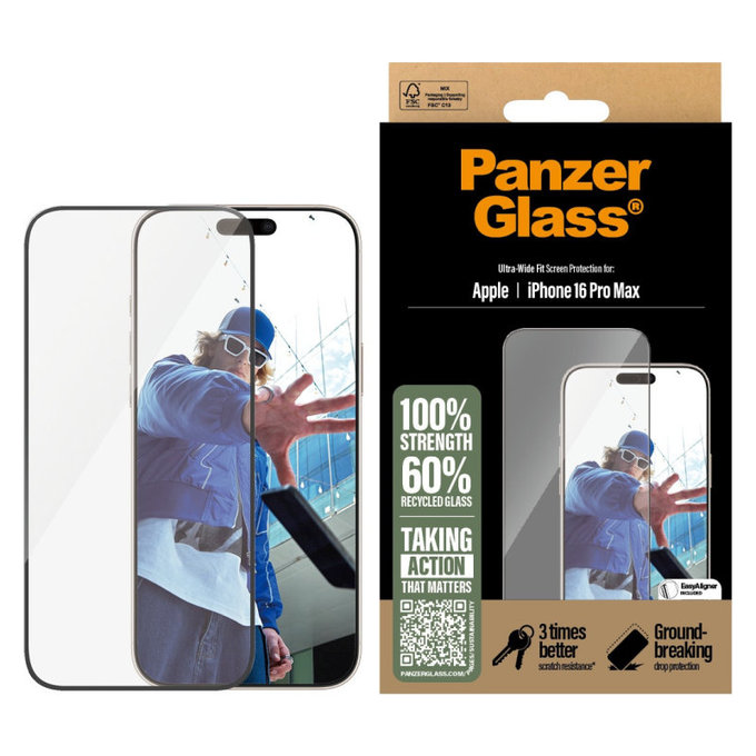 Kaljeno staklo UWF s aplikatorom za iPhone 16 Pro Max, Crna, PanzerGlass