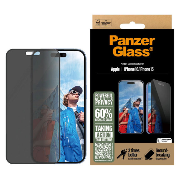 UWF Privacy kaljeno staklo s aplikatorom za iPhone 16/15, Crna, PanzerGlass