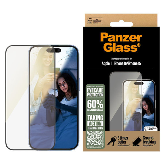 Kaljeno staklo UWF Eyecare s aplikatorom za iPhone 16/15, Crna, PanzerGlass