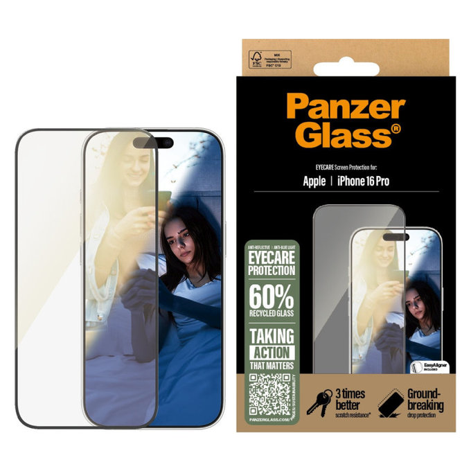 Kaljeno staklo UWF Eyecare s aplikatorom za iPhone 16 Pro, Crna, PanzerGlass