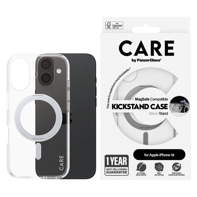 Maska Kickstand s MagSafeom za iPhone 16, Srebrna, CARE