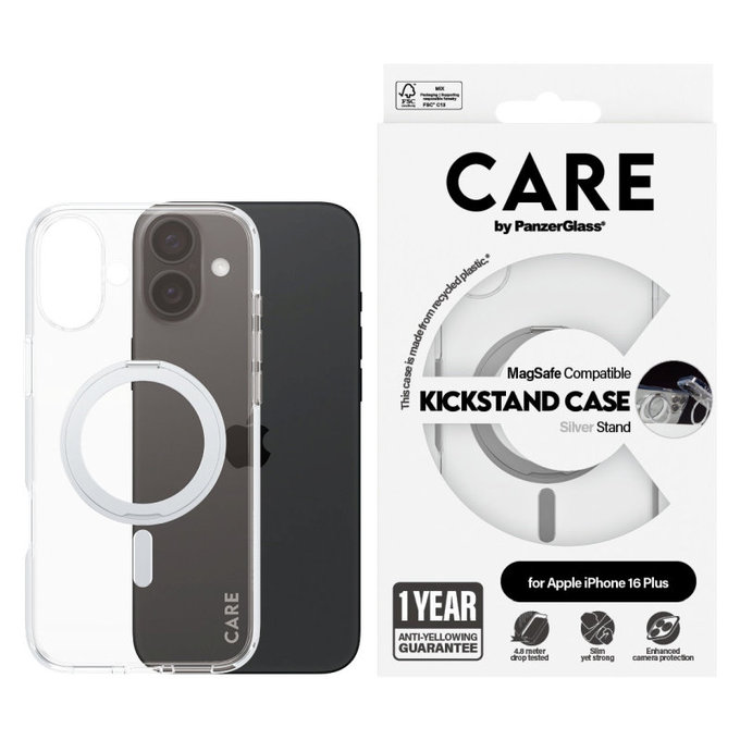 Maska Kickstand s MagSafeom za iPhone 16 Plus, Srebrna, CARE