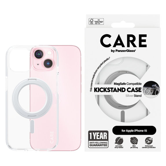 Maska Kickstand s MagSAFE by PanzerGlass za iPhone 15, Srebrna, PanzerGlass