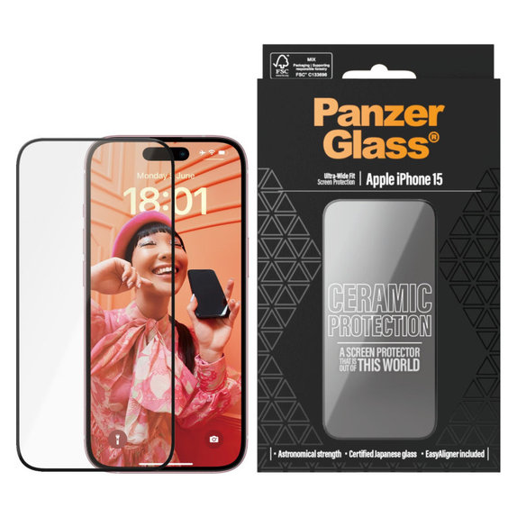 Kaljeno staklo UWF Ceramic s aplikatorom za iPhone 15, Crna, PanzerGlass