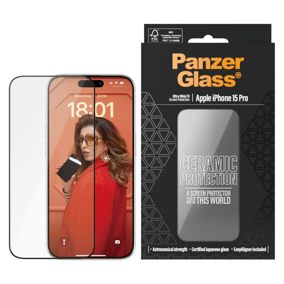 Kaljeno staklo UWF Ceramic s aplikatorom za iPhone 15 Pro, Crna, PanzerGlass