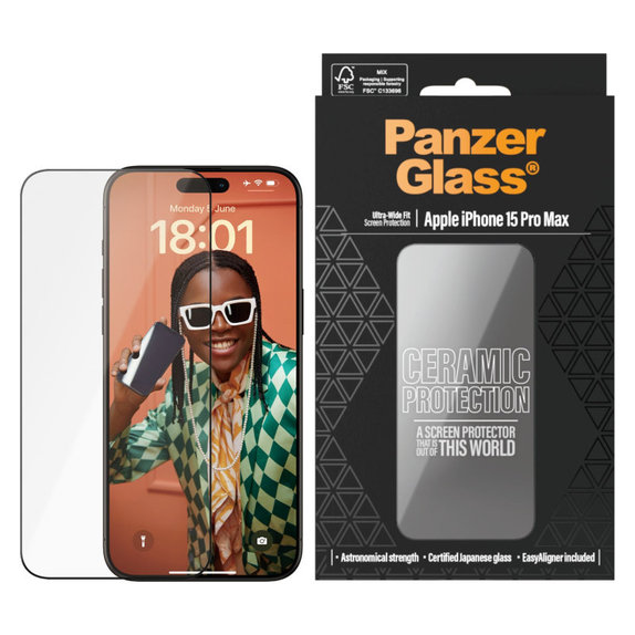 Kaljeno staklo UWF Ceramic s aplikatorom za iPhone 15 Pro Max, Crna, PanzerGlass