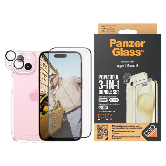 Bundle PicturePerfect + Kaljeno staklo UWF + Hard Case D3O za iPhone 15, PanzerGlass