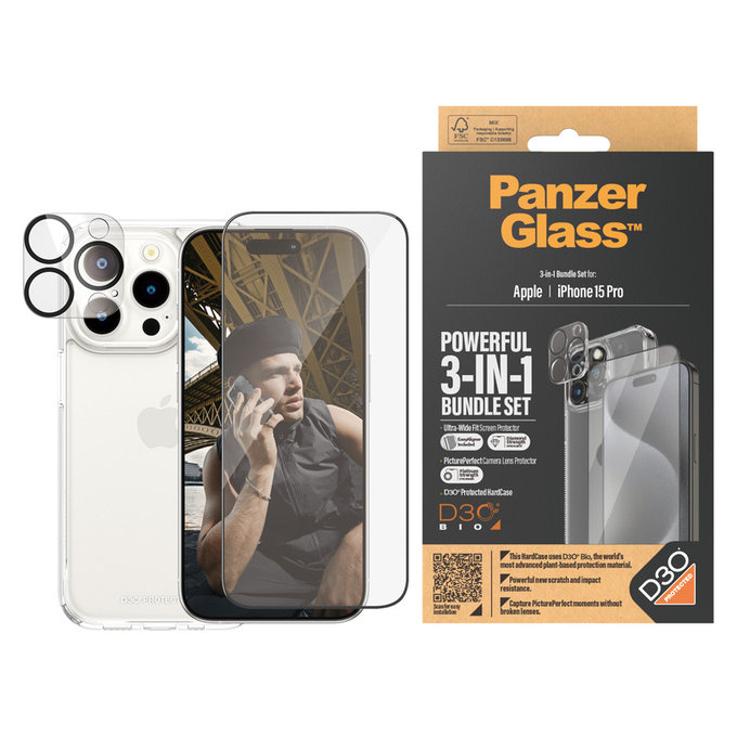Bundle PicturePerfect + Kaljeno staklo UWF + Hard Case D3O za iPhone 15 Pro, PanzerGlass