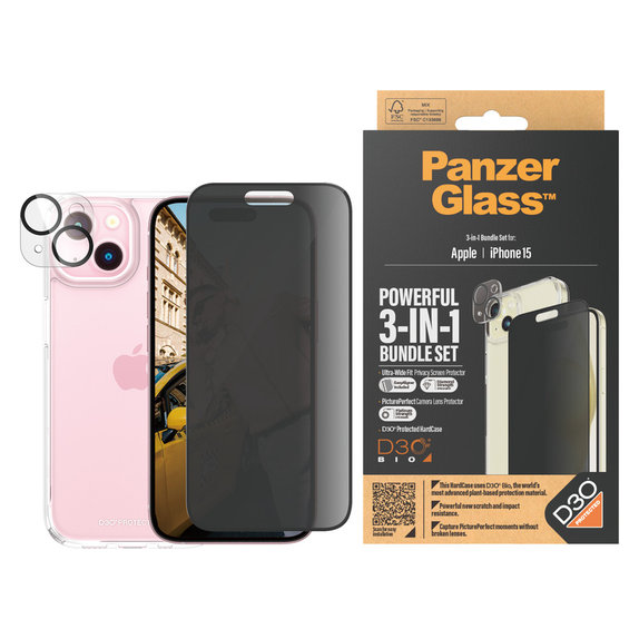 Bundle PicturePerfect + Kaljeno staklo UWF Privacy + Hard Case D3O za iPhone 15, PanzerGlass