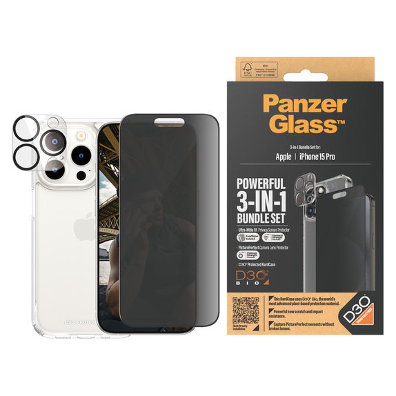 Bundle PicturePerfect + Kaljeno staklo UWF Privacy + Hard Case D3O za iPhone 15 Pro, PanzerGlass