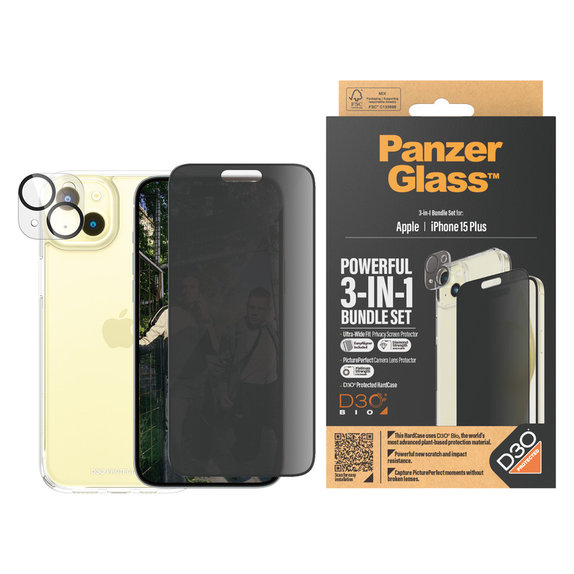 Bundle PicturePerfect + Kaljeno staklo UWF Privacy + Hard Case D3O za iPhone 15 Plus, PanzerGlass