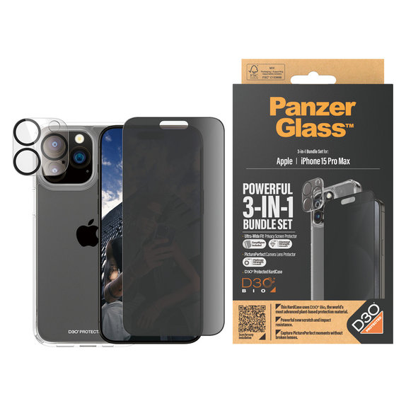 Bundle PicturePerfect + Kaljeno staklo UWF Privacy + Hard Case D3O za iPhone 15 Pro Max, PanzerGlass