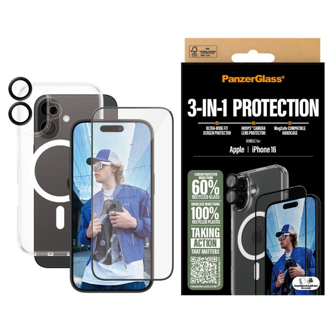 Bundle 3u1 Hoops + UWF kaljeno staklo + Hard Case za iPhone 16, PanzerGlass