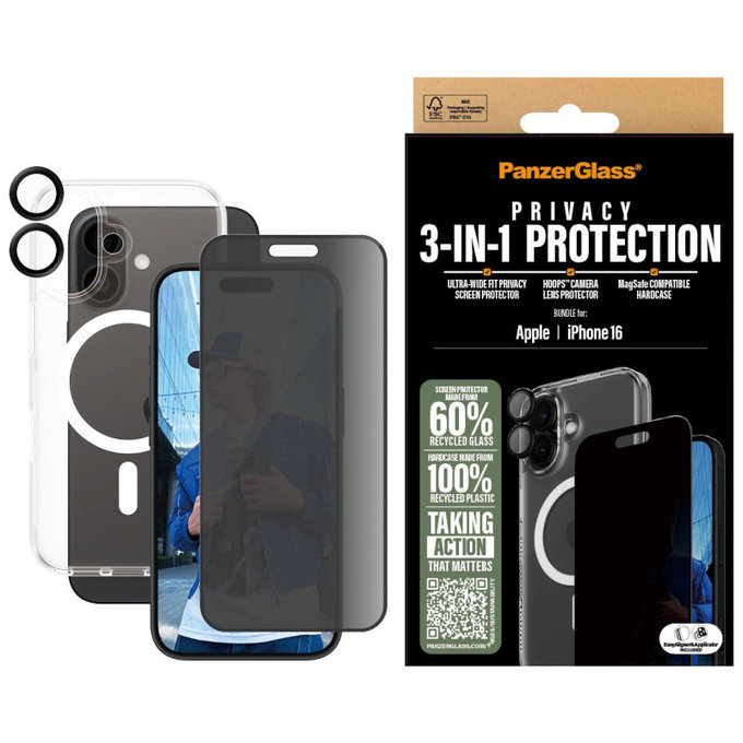 Bundle Hoops + Kaljeno staklo UWF Privacy + Hard Case za iPhone 16, PanzerGlass