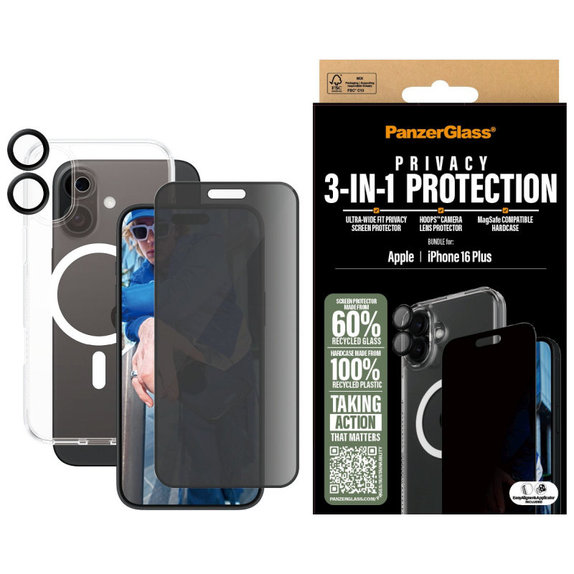 Bundle Hoops + Kaljeno staklo UWF Privacy + Hard Case za iPhone 16 Plus, PanzerGlass