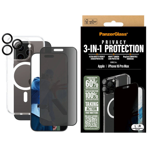 Bundle Hoops + Kaljeno staklo UWF Privacy + Hard Case za iPhone 16 Pro Max, PanzerGlass