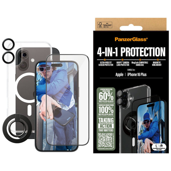 Bundle Hoops + Kaljeno staklo UWF + Hard Case + Magnetic Ring Mount za iPhone 16 Plus, PanzerGlass