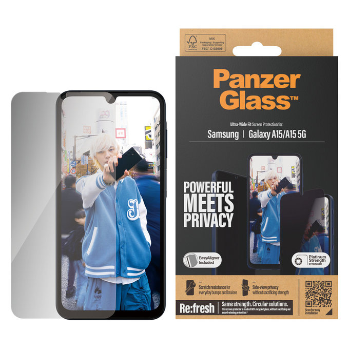 Kaljeno staklo UWF Privacy s aplikatorom za Samsung Galaxy A15/A15 5G, Crna, PanzerGlass