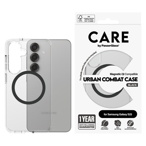 Maska Urban Combat s crnim QI za Samsung Galaxy S25, Prozirna, PanzerGlass