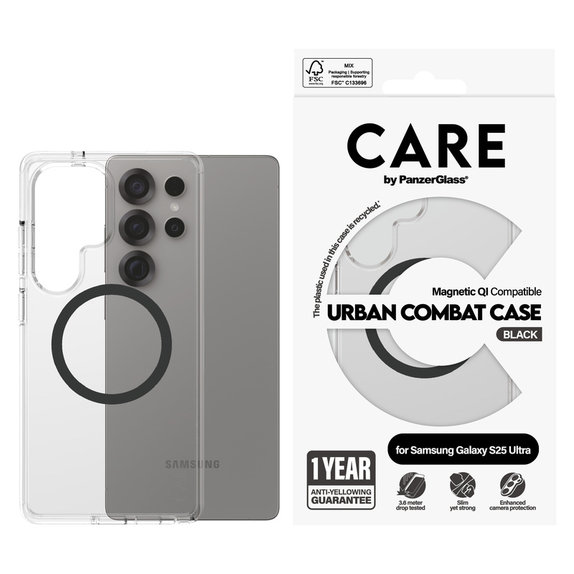 Maska Urban Combat s crnim QI za Samsung Galaxy S25 Ultra, Prozirna, PanzerGlass